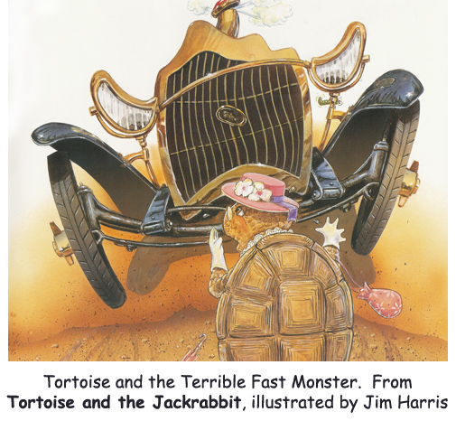 ‘Tortoise and the Terrible Fast Monster’ Saturated color to the rescue on Ms. Tortoise’s hat! Fairy tale art, from Jim Harris.